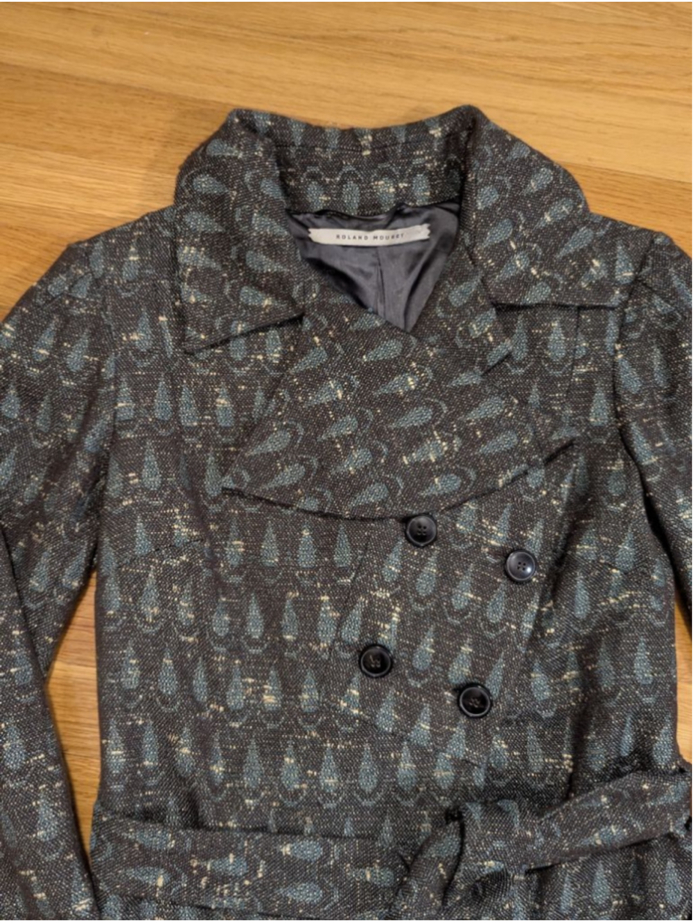 Roland Mouret Gray Teal Wool Blend Tweed Midi Coat US Size 4 - Picture 4 of 16